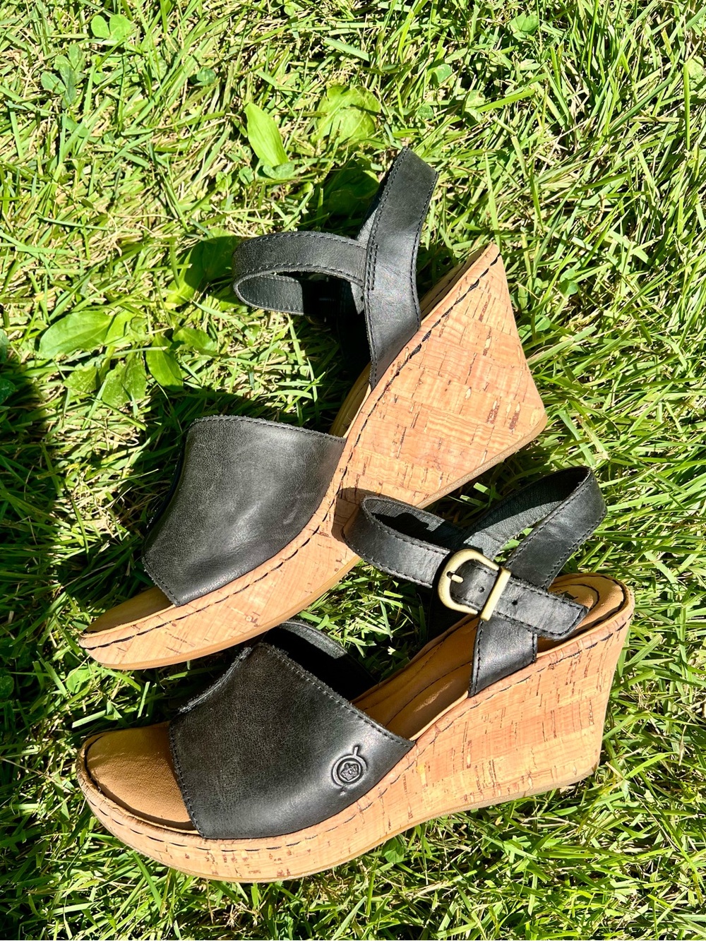 Black leather Born Cork Wedge Heels Strappy Platform 7.5M women’s comfort shoes